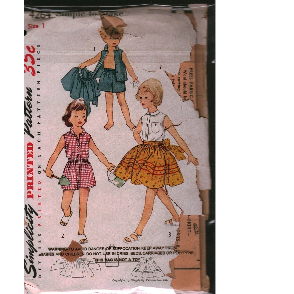 Vintage Simplicity 4264 Sewing Pattern Child Skirt Blouse Shorts Size 1 1950s